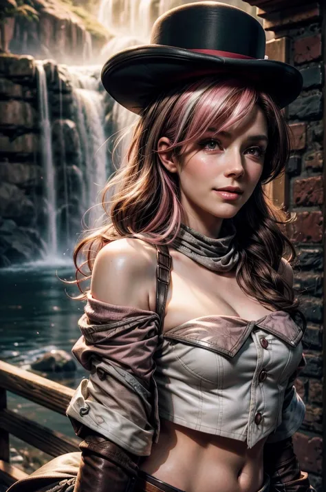 pink and brown hair, multicolored hair, neopolitanatlas, bowler hat, grey scarf, white gloves, white shirt, off-shoulder shirt, black sleeves, midriff, white belt, white skirt, smile, nighttime, stars, standing on a hill, waterfall in the background, cowbo...