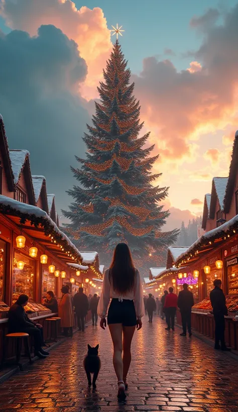 A hill with fantastic clouds and a spectacular sunset 。クリスマスマーケットで lots of people々is having fun。 A super huge Christmas tree is towering below your eyes。Modern and stylish cafes and bars are lined up on both sides 。 and the colorful signs are arranged in r...