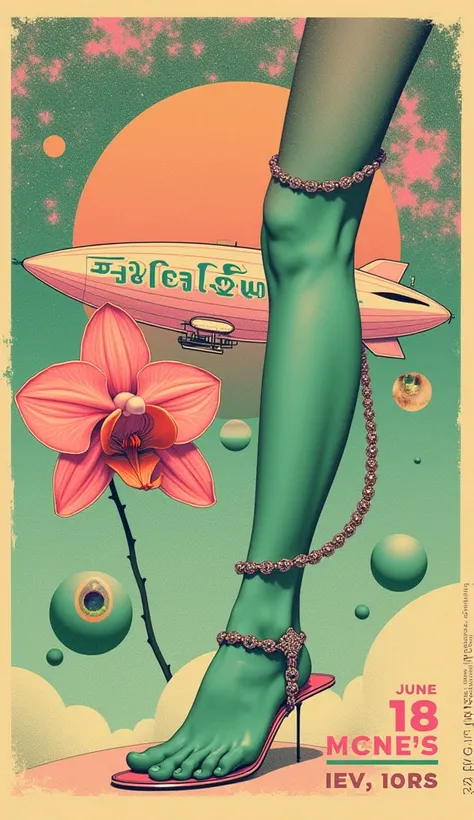 Poster for a dream pop band concert,  devanagari lettering, blend images like a futuristic dirigible, an orchid, a green eye pupil, a female green alien leg with a silver anklet , collage, light pink and light orange colors, beautiful light green nebulae, ...