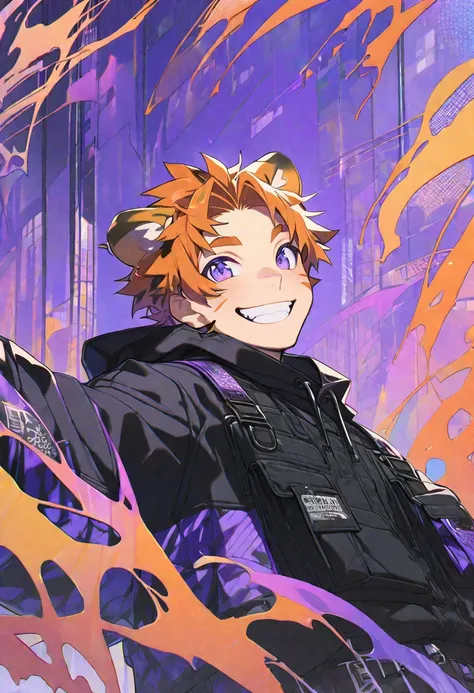 Solo, 1 male, orange hair, tiger ears, smiling, handsome, black street wear, lilac purple eyes, aesthetic background