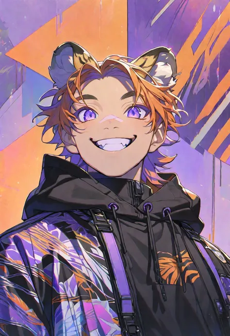 Solo, 1 male, orange hair, tiger ears, smiling, handsome, black street wear, lilac purple eyes, aesthetic background