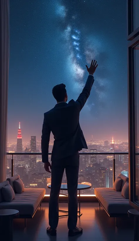 Create a young millionaire in the foreground pointing to the sky from a balcony on a beautiful night.