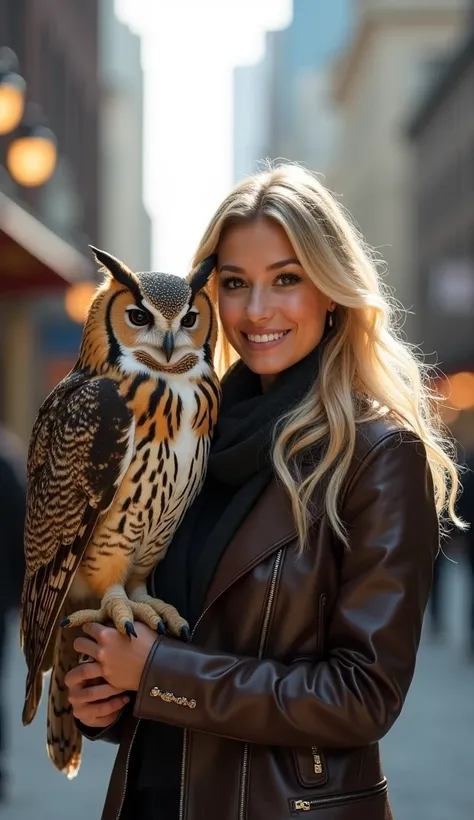 "A highly realistic portrait of a blonde woman standing in an urban setting, holding a majestic owl of a different species (e.g., Eurasian eagle-owl or barn owl) with striking features. The woman is dressed in a stylish leather jacket and a scarf, smiling ...