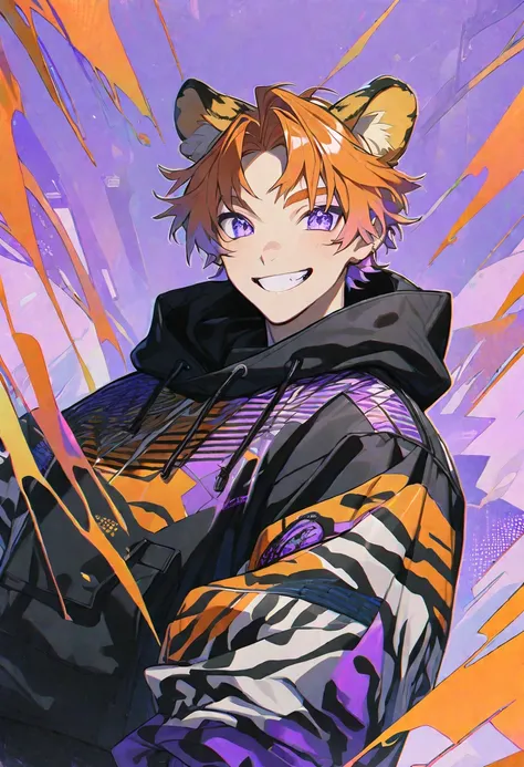 Solo, 1 male, orange hair, tiger ears, smiling, handsome, black street wear, lilac purple eyes, aesthetic background