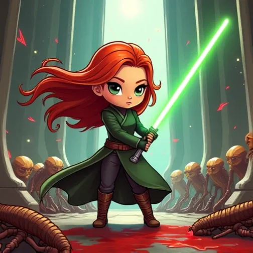  Create a full-body, Chibi /Cartoon da personagem " mara jade" of the franchise " Stars Wars".
She is standing ,  in a dynamic combat pose ,  imposing and threatening , while wielding his lightsaber .  Her body is semi-tilted forward with her arms projecte...