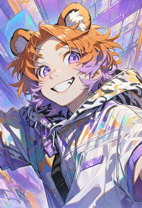 Solo, 1 male, orange hair, tiger ears, smiling, handsome, street wear outfit, lilac purple eyes, aesthetic background