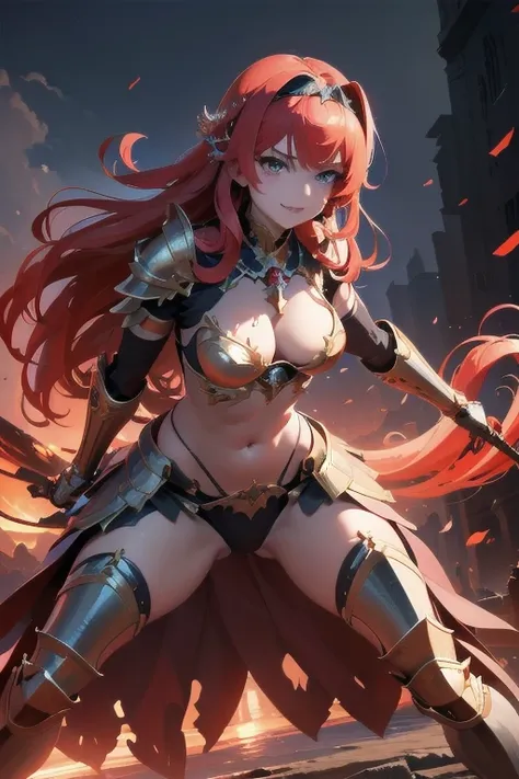  realistic 、Detailed full body、 Women剣を着用, armor,  shield  ,  Smiles Gently and Cute , Orange Strong Red Hair  , length, ふわふわandした少しカールのかかった髪,Girl in armor,Seductive Princess Knight  , goddess,  Metal Headband  ,  glamorous bikini armor adorned with red je...