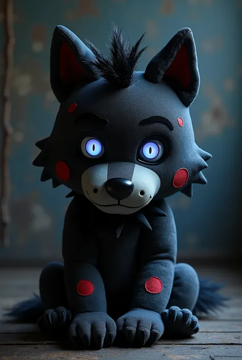 Black and Gray Five Nights at Freddy Styled Wolf Plush with Black and Blue Eyes, Black and Red Hair and Red Markings on its body, Soft Body, Sitting, Male, Black Primary, Dark Gray Secondary