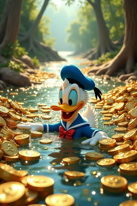 Donald Duck swimming in a river of money