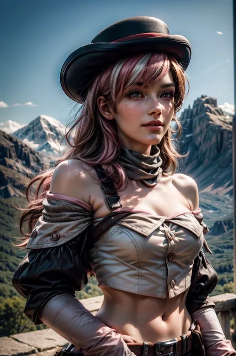 pink and brown hair, multicolored hair, neopolitanatlas, bowler hat, grey scarf, white gloves, white shirt, off-shoulder shirt, black sleeves, midriff, white belt, black skirt, smile, standing on a hill, mountain range in the background, cowboy shot, maste...