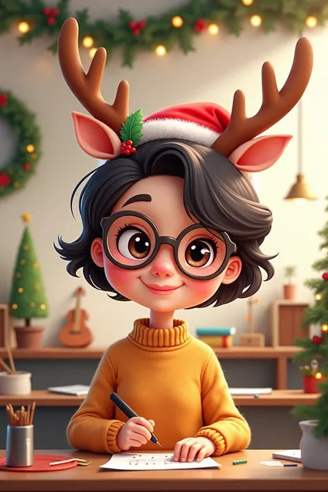 Cartoon Christmas design short hair eyeglasses music teacher