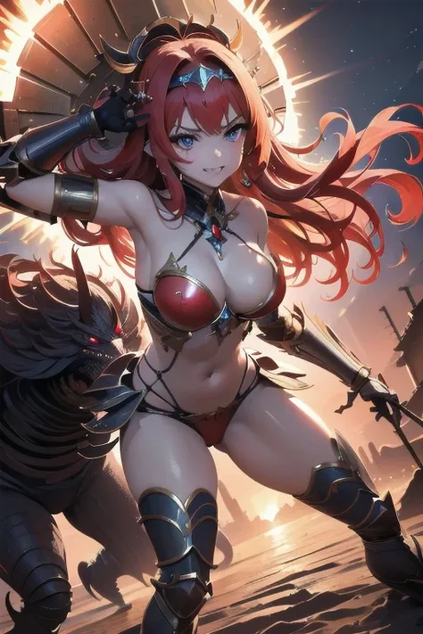  realistic 、Detailed full body、 Women剣を着用, armor,  shield  ,  Smiles Gently and Cute , Orange Strong Red Hair  , length, ふわふわandした少しカールのかかった髪,Girl in armor,Seductive Princess Knight  , goddess,  Metal Headband  ,  glamorous bikini armor adorned with red je...