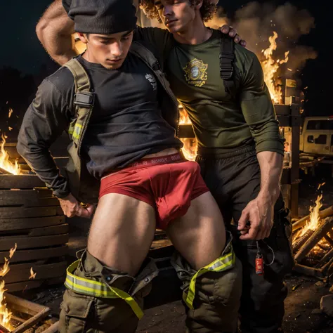 Musceld male Teen Firefighter wear Underwear during a fire