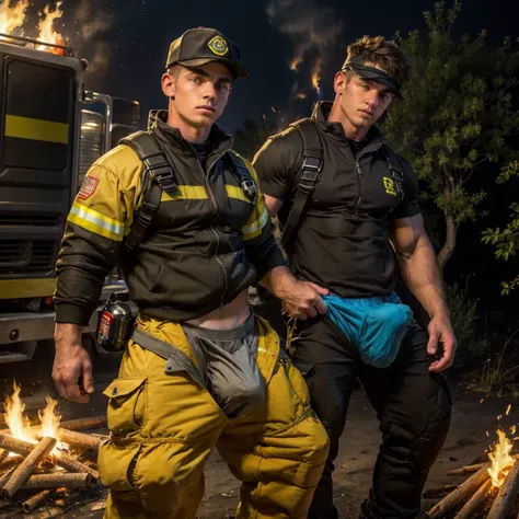 Musceld male Teen Firefighter wear Underwear during a fire