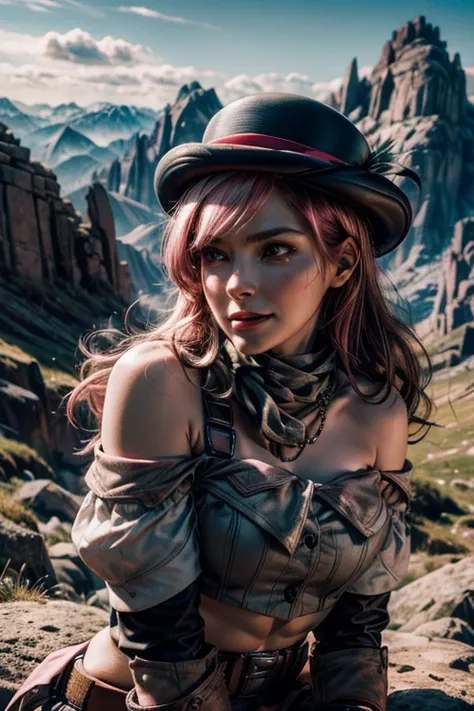 pink and brown hair, multicolored hair, neopolitanatlas, bowler hat, grey scarf, white gloves, white shirt, off-shoulder shirt, black sleeves, midriff, white belt, black skirt, smile, kneeling on a hill, mountain range in the background, cowboy shot, maste...