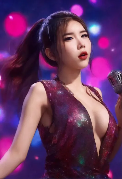 a cute kpop idol woman, 20 years old, wearing a sexy revealing christmas outfit, singing into a microphone, doing lots of open legs thrusting hips dance moves, with glitter in her hair, in the spotlight on stage, 8k, highres, masterpiece, ultra-detailed, r...