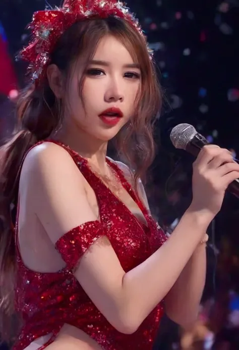 a cute kpop idol woman, 20 years old, wearing a sexy revealing christmas outfit, singing into a microphone, doing lots of open legs thrusting hips dance moves, with glitter in her hair, in the spotlight on stage, 8k, highres, masterpiece, ultra-detailed, r...