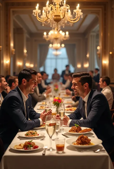 Cristiano Ronaldo and Messi eat in a big restaurant 