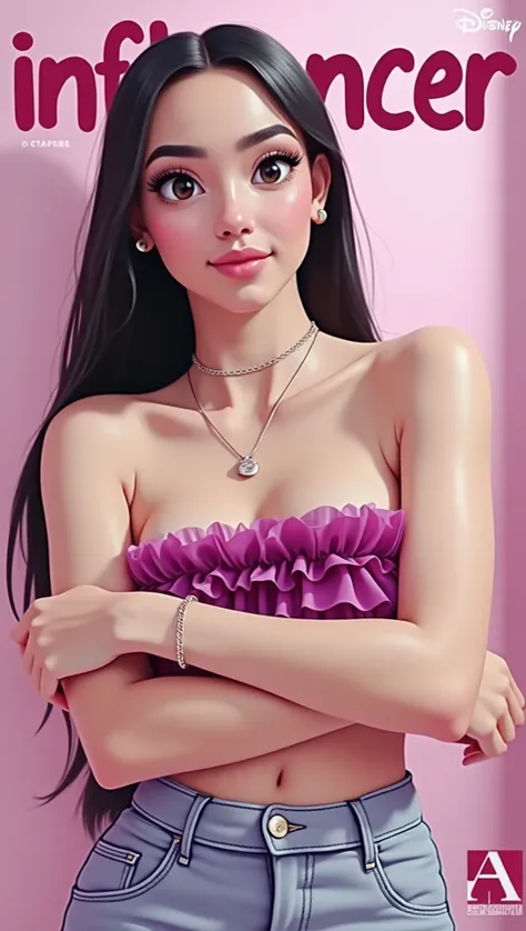 Woman 30 years, long straight black hair, wearing magenta purple multilayered tulle fabric strapless cropped top with cargo jeans, at magazine cover, with the word “Influencer” In fuchsia color on top. Light pink background.
 
Pixar Disney Cartoon characte...