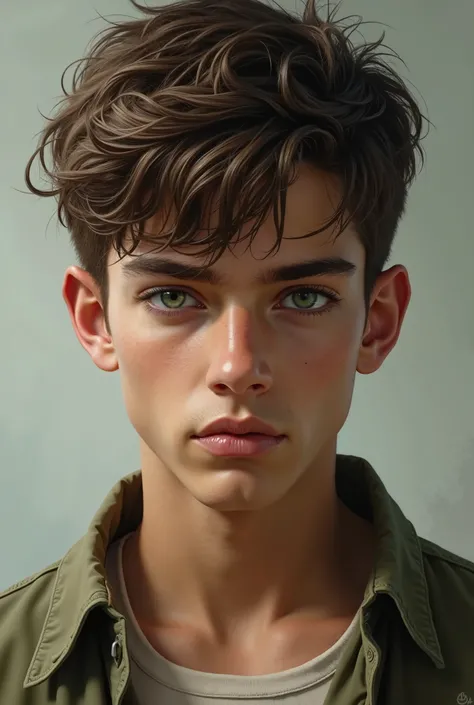 Handsome teen boy, brown hair, green eyes, realistic, tough look