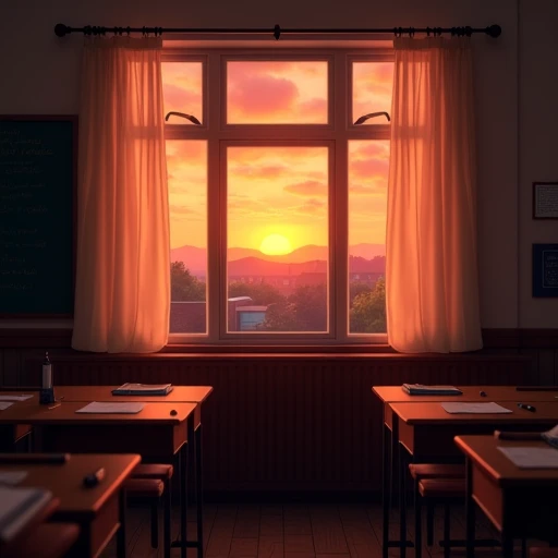 School classroom at dusk。 A warm orange sunset shines through the window 、 The wooden desk and chair are wrapped in soft light 。Curtains swaying slightly in the wind 、 There is silence and serenity in the classroom 。 A lost notebook and pen on the desk 、 a...