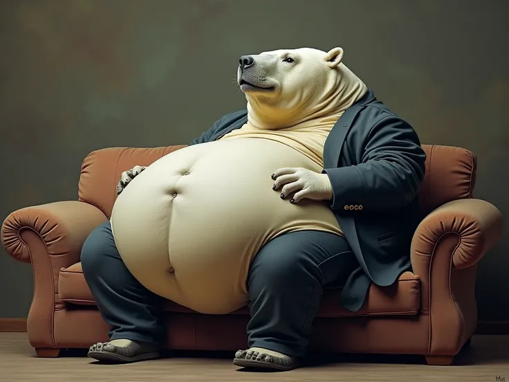  Very extremely morbidly obese polar bear with a very extremely massive and superfluous belly, very extremely obese , massive belly, chubby face, Chubby legs, chubby rear,  sitting on the sofa ,  scar on the face, wear shoes,  wears a very tight business s...