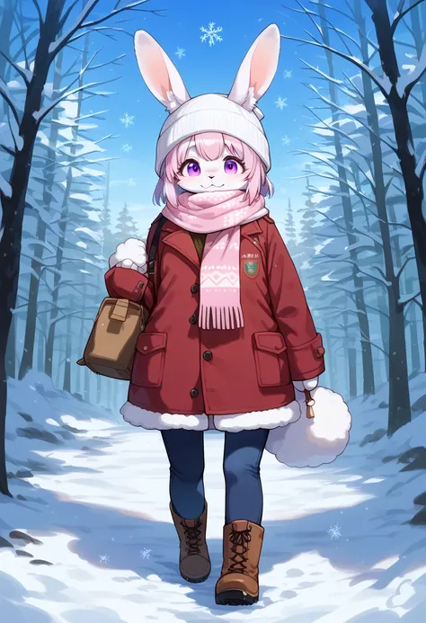 score_9, score_8_up, score_7_up, score_6_up, score_5_up, score_4_up, source_anime, best quality, amazing quality, very aesthetic, absurdres, 1girl, (furry, kemono:1.3), rabbit, rabbit girl, rabbit ears, winter_forest, snow_footprints, woman_walking, thick_...