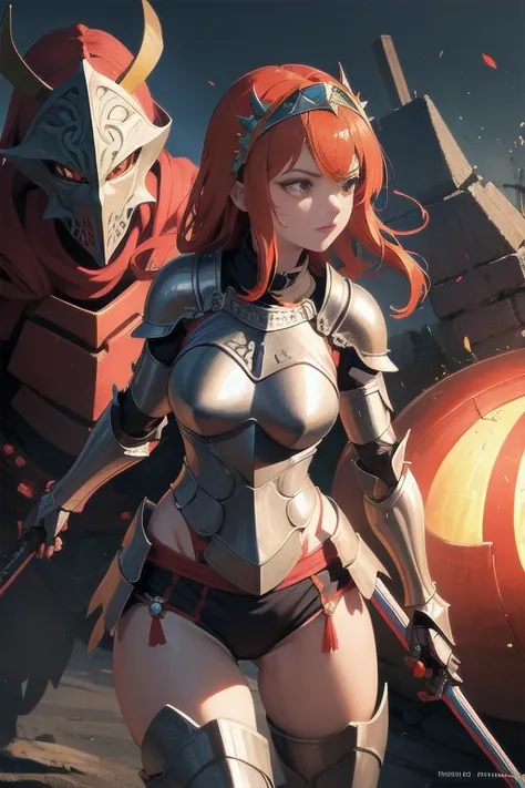  realistic 、Detailed full body、  Woman Wears Sword , armor,  shield  ,, Orange Strong Red Hair  , length, ふわふわandした少しカールのかかった髪,Girl in armor,Seductive Princess Knight  , goddess,  Metal Headband  ,  glamorous bikini armor adorned with red jewels , Bikini a...