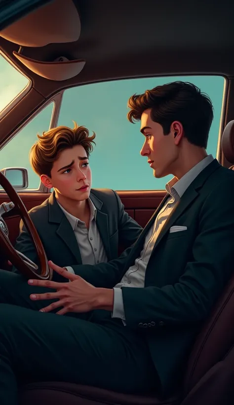  A 16-year-old boy talking to his dad in his car. His father is wearing a suit .