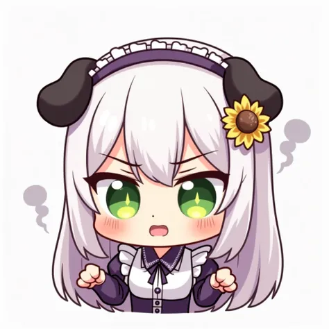 Create a pastel-colored cute female chibi with large sparkling green eyes, blushing cheeks, long white hair with a small sunflower hairpin, and small black floppy puppy ears, wearing a dark purple french maid outfit. The character should have a facial expr...