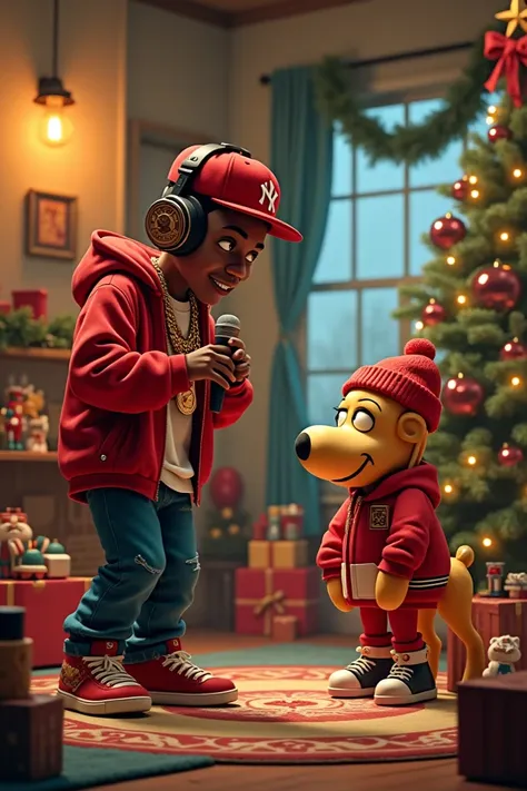 Rapper singing for ren with toys at Christmas
