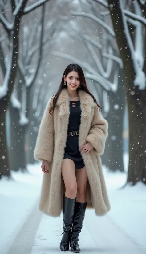  tree-lined street  、  light up 、  Attractive Smiling Woman   、  snow is falling 、Fur sleeve  、(  A beautiful Japanese woman is wearing a bikini and khaki cape coat.:1.2),i wear long    boots, ,  sunglasses ,   spread legs,expensive_all_   boots,Lace-up_  ...