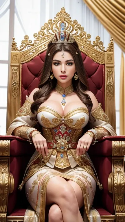  mature woman, light brown hair, big lips, throne,  Bulgarian princess royal outfit, naughty,  hottie, cinematography, crafted, Elegant, meticulous, magnificent, maximum detail, extremely hyper-aesthetic, intricately detailed, many gears