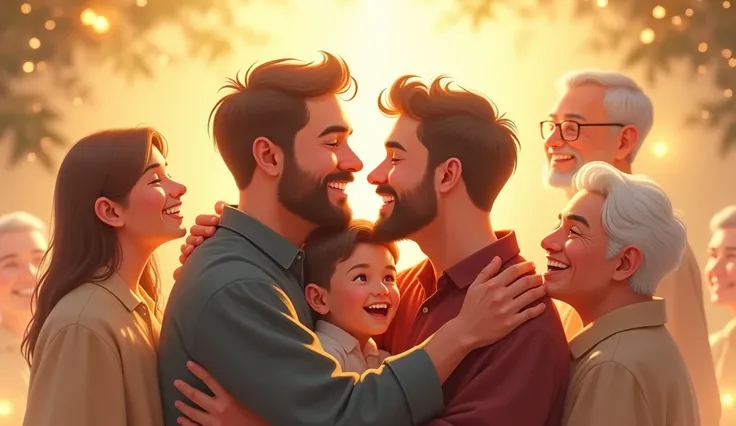 8k illustration two men hugging each other and around their family members as an expression on their faces of joy with divine light on them 
