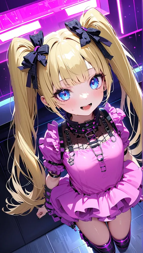  Masterpiece Top Quality Unity 8k ,( twin tails),  hair ribbon, Beautiful blonde, detailed hair,very long hair, blue eye,輝く瞳,Princess Eye, baby face:1.2, (Cybergoth,Goth Punk) ,((Lighting Front)),( close one eye,  viewer),  perfect body, loli body, Petite,...