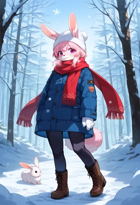 score_9, score_8_up, score_7_up, score_6_up, score_5_up, score_4_up, source_anime, best quality, amazing quality, very aesthetic, absurdres, 1girl, (furry, kemono:1.3), rabbit, rabbit girl, rabbit ears, winter_forest, snow_footprints, looking back, thick_w...