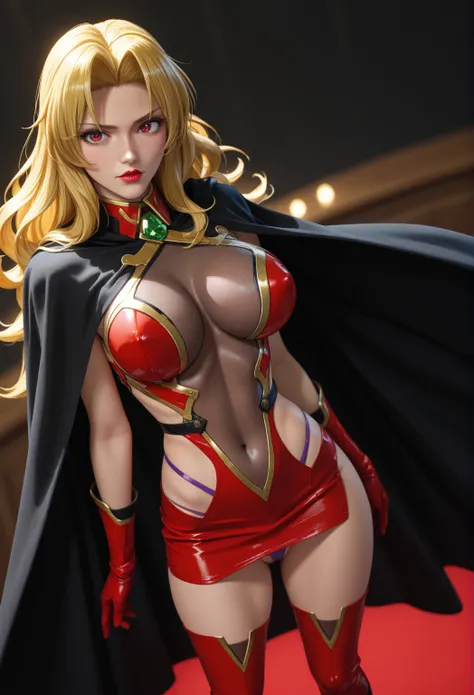 8k uhd,score_9,score_8_up,score_7_up,rating_explicit,Alicia Viewstroem,blonde hair, long hair, red eyes, lipstick,gem, red short dress, center opening, red gloves, red thigh boots, black cape, bodystocking,curvy, large breasts, thighs, purple thong, dark b...