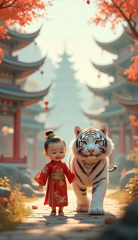 Surrealistic scenes in photorealistic style. A cute baby wearing an ancient Chinese costume is walking with a white tiger. The baby smiles innocently, and the white tiger maintains its graceful and strong posture. The area is surrounded by beautiful scener...