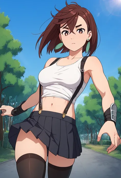 momo ayase, short hair, brown hair, brown eyes, bangs, thick eyebrows, medium breasts, flowing bangs, single sidelock, break arm guards, bare shoulders, black skirt, black play sports often, black Thighhighs, clavicle, crop top, earrings, jewelry, abdomen,...