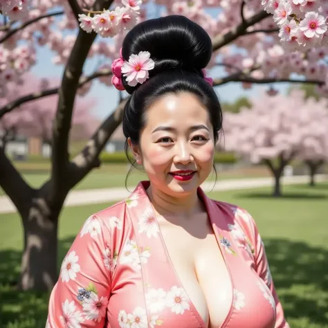 8k,Highest quality, masterpiece, Ultra-high resolution,(masterpiece:1.6, Highest quality), Intricate details, 1 male)),(( unraveling a mature womans huge hair bun.:1.5)),(( under a cherry tree :1.2)),Middle-aged woman in her 50s, japanese, full body, ((lea...