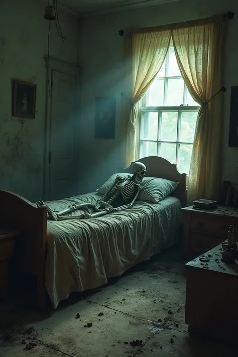  A skeletal figure lying on an old bed,  an abandoned house ,  filled with old and dusty furniture , sinister and obscure room .