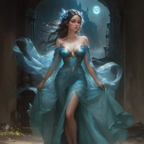 arafed woman in a blue dress standing in a doorway, charlie bowater rich deep colors, style of charlie bowater, charlie bowater art style, fantasy art behance, neoartcore and charlie bowater, charlie bowater character art, inspired by Magali Villeneuve, wl...