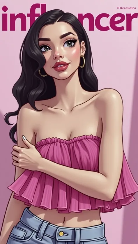 Woman 30 years, long straight black hair, wearing magenta purple multilayered tulle fabric strapless cropped top with cargo jeans, at magazine cover, with the word “Influencer” magazine name In fuchsia color on top. Light pink background.
 
Pixar cartoon 
