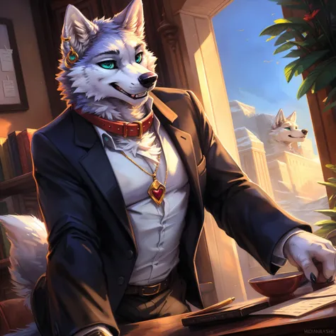 (author：Hioshiro and Kenket and Dimwitdog, Michael &amp; Inessa Garmash, ruanjia, pino daeni, Chunie), uploaded the e621, beautiful and ultra-detailed, lighting cinematic, seductor, (anthro arctic wolf, fluffy fur, character focus:1.5), body fur, (thick th...