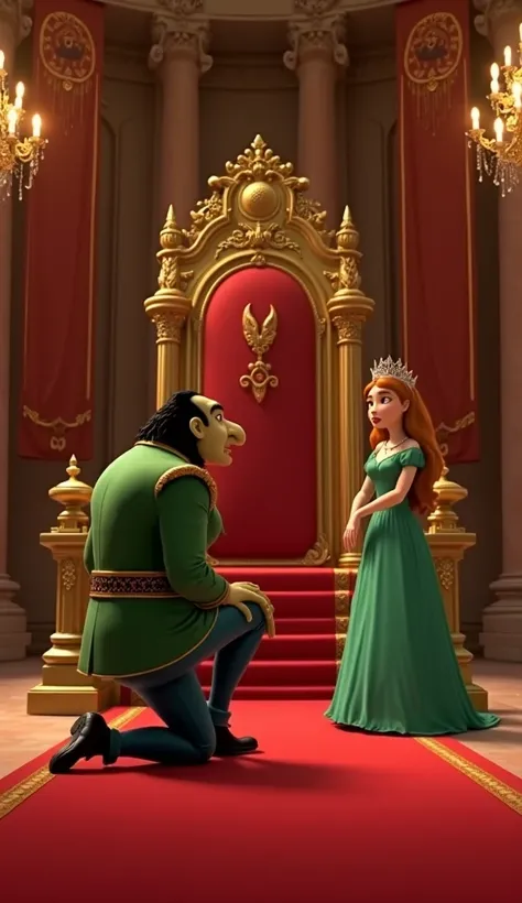 Lord Farquaad is kneeling before Princess Fiona in his grand, golden throne room. Fiona, in her elegant green dress, looks surprised but intrigued. The room is lavishly decorated with chandeliers, red carpets, and banners bearing Farquaad’s emblem."
