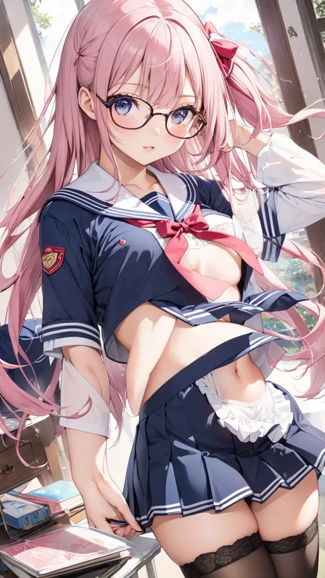 anime、 pretty girl、anime pretty girl、 small boobs、uniform、 miniskirt、 lingerie、 stockings、 Asian Beauties、 sailor suit 、 high school girl、Glasses、