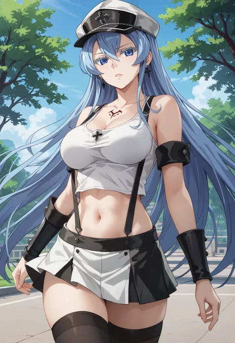 esdeath, blue eyes, blue hair, long hair, BIG BREASTS, eyelashes, red face, masterpiece, flowing bangs, single sidelock, break arm guards, bare shoulders, black skirt, black play sports often, black Thighhighs, clavicle, crop top, earrings, jewelry, abdome...