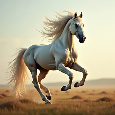 An elegant and majestic horse, with a slender, muscular body that reflects grace and power. Its flowing, imposing mane dances in the wind as it runs freely. Its eyes express freedom and strength, and its posture conveys the confidence of a being that belon...