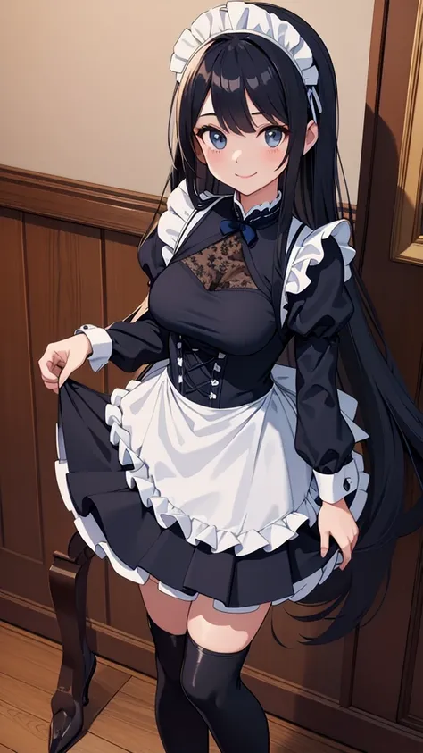 (masterpiece, best quality), 1girl,    Navy blue Long Layered Hair, Size H breasts,  maid dress, long sleeves, black leggings, black boots, lace trim, maid headdress,smile