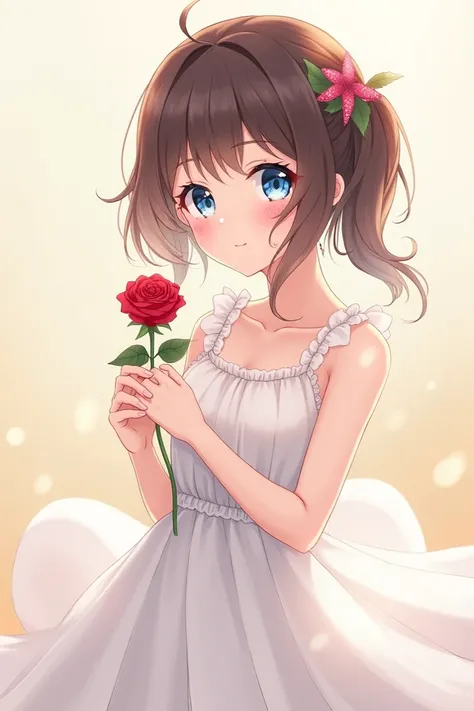 Anime cute girl wearing white dress and holding a rose eyes blue